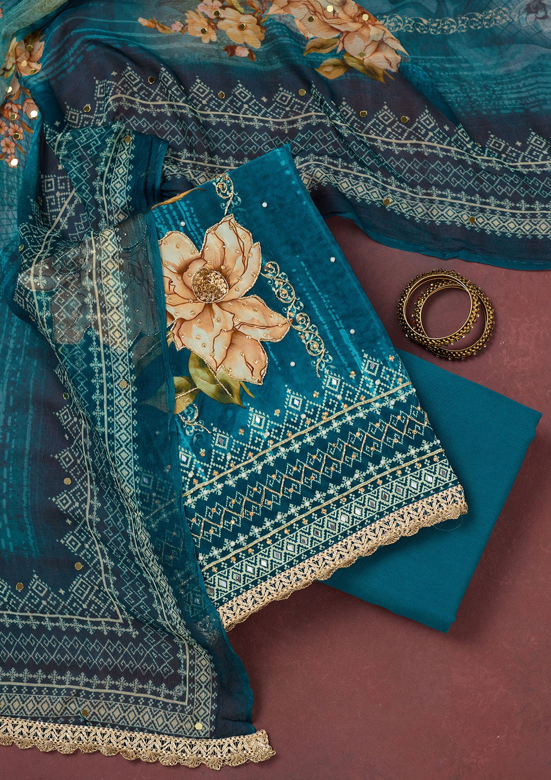 Peacock Blue Cutdana Semi Crepe Unstitched Salwar Suit-Koskii