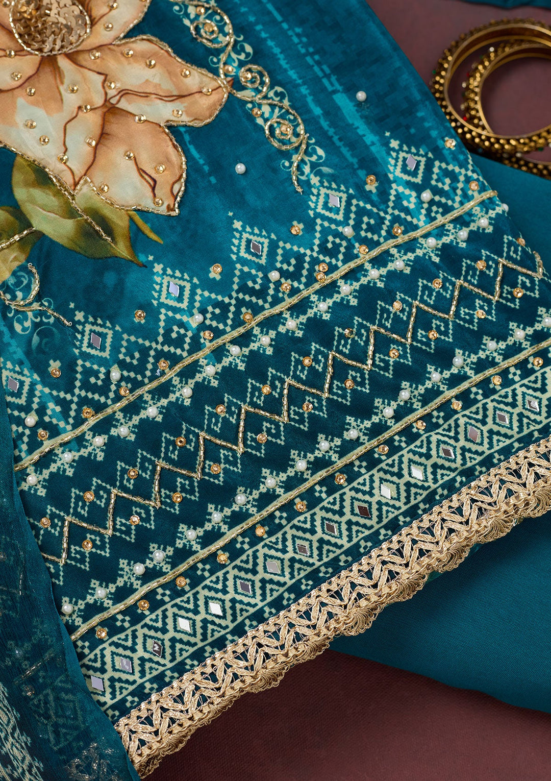 Peacock Blue Cutdana Semi Crepe Unstitched Salwar Suit-Koskii