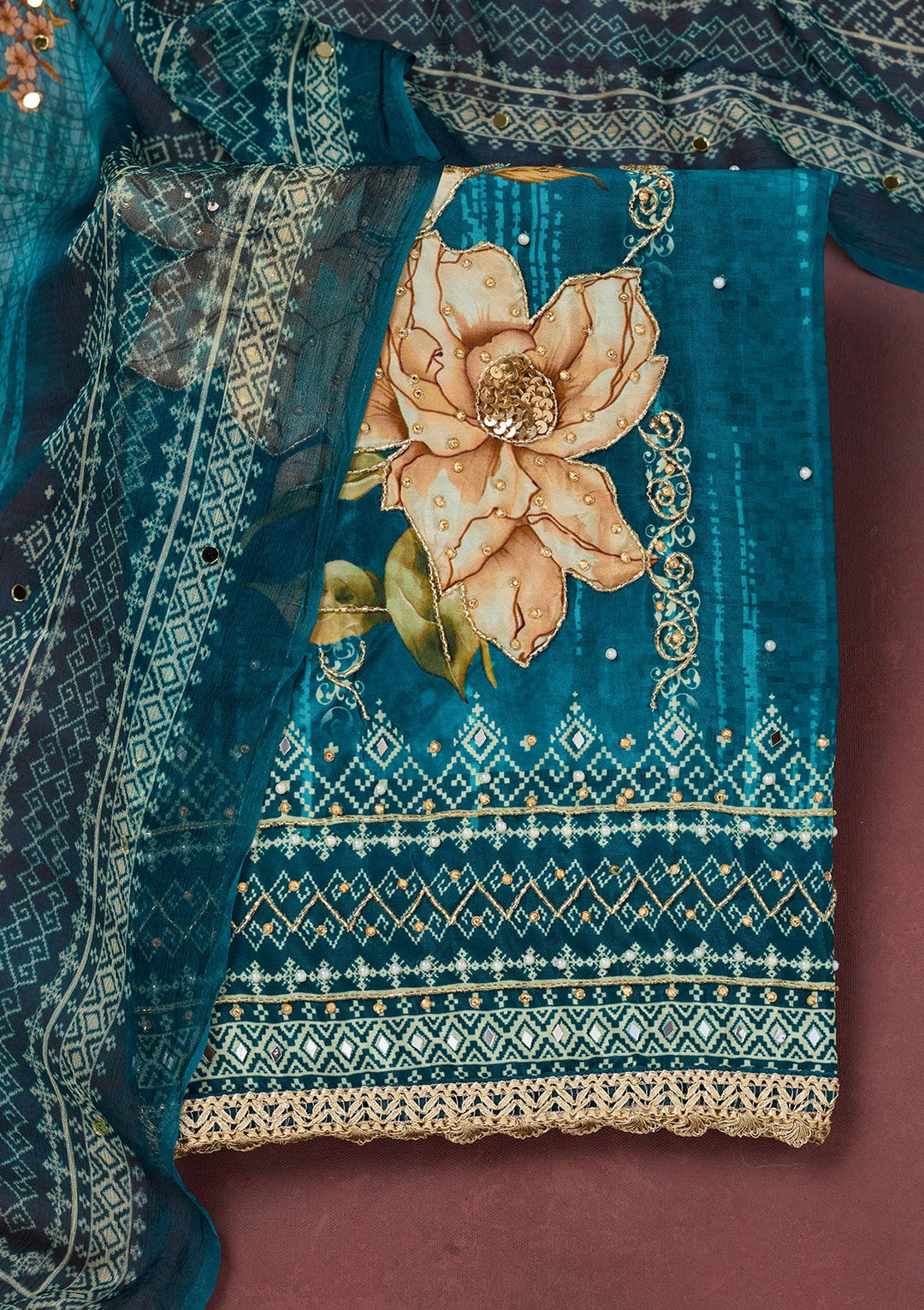 Peacock Blue Cutdana Semi Crepe Unstitched Salwar Suit-Koskii