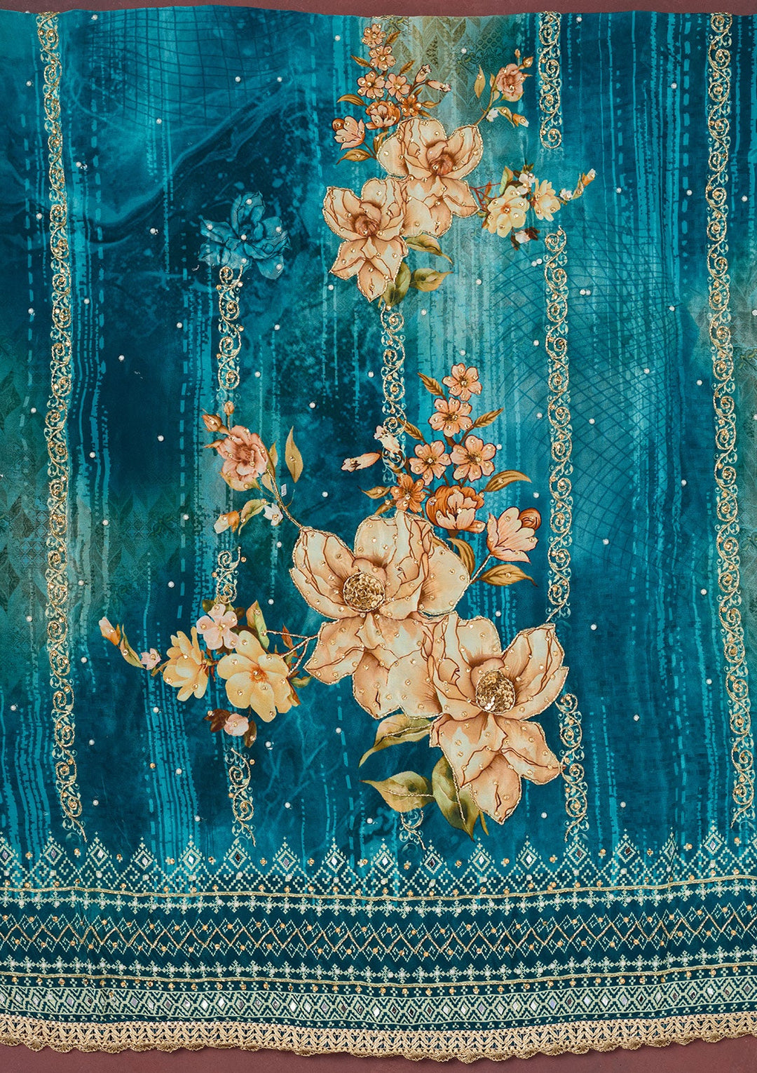 Peacock Blue Cutdana Semi Crepe Unstitched Salwar Suit-Koskii