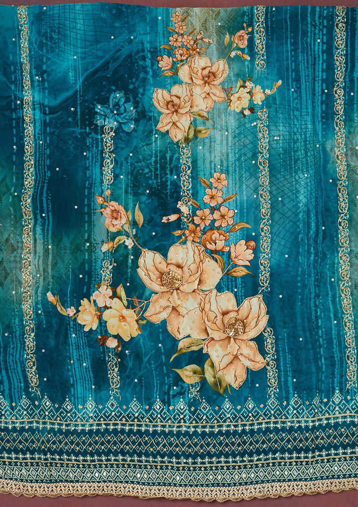 Peacock Blue Cutdana Semi Crepe Unstitched Salwar Suit-Koskii
