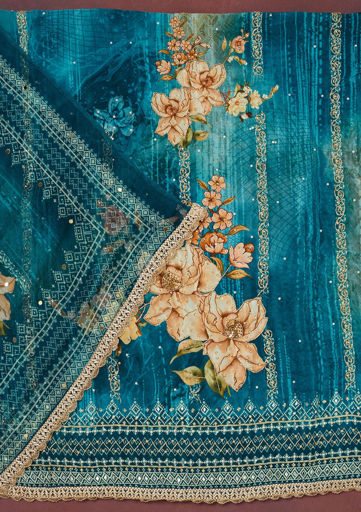 Peacock Blue Cutdana Semi Crepe Unstitched Salwar Suit-Koskii