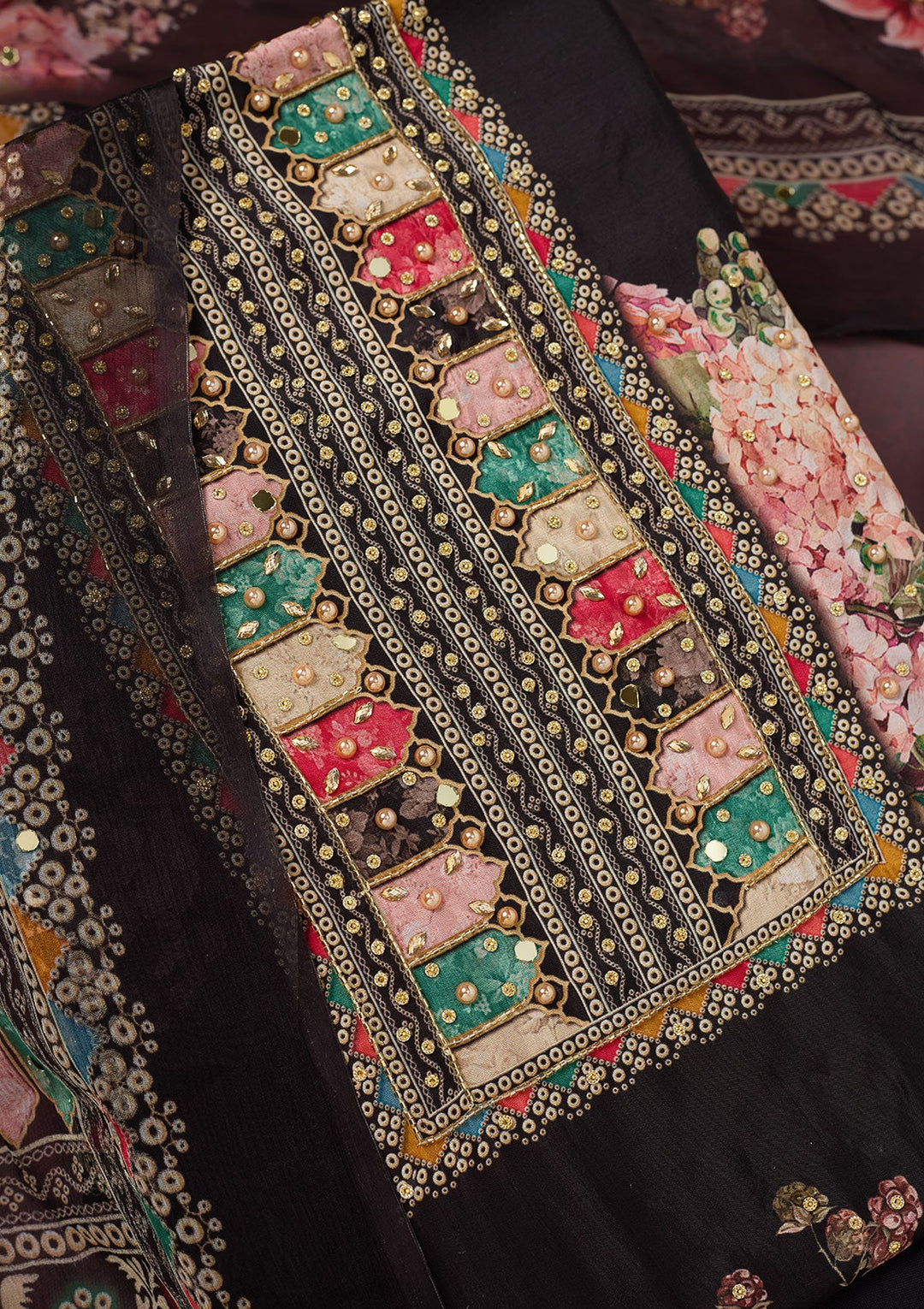 Black Cutdana Semi Crepe Unstitched Salwar Suit-Koskii