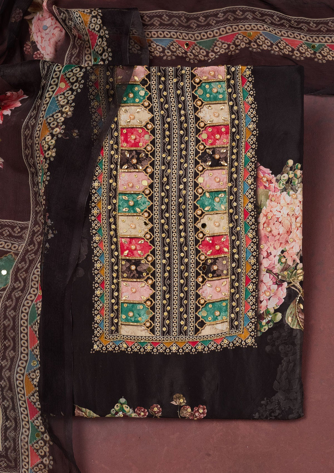Black Cutdana Semi Crepe Unstitched Salwar Suit-Koskii