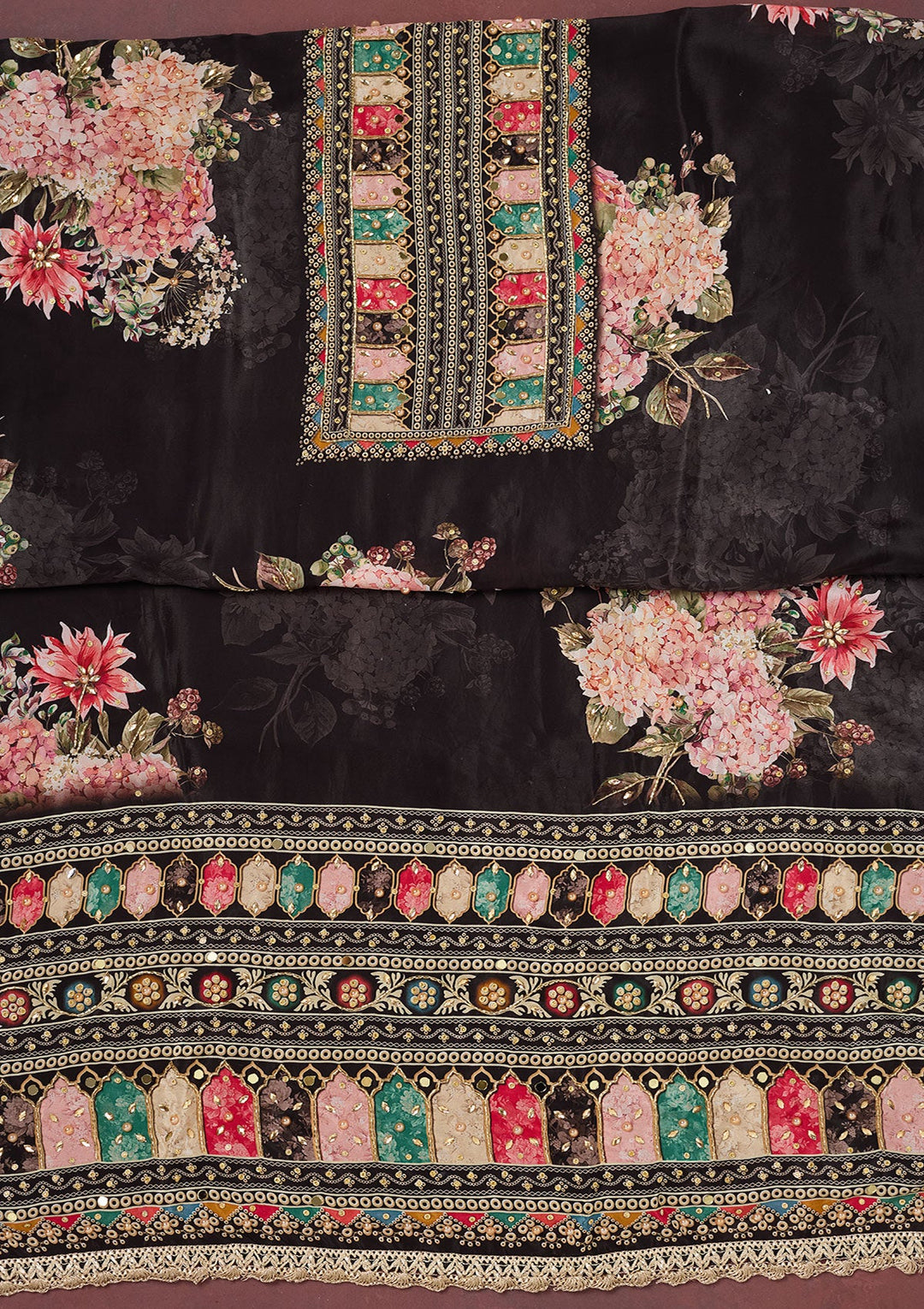 Black Cutdana Semi Crepe Unstitched Salwar Suit-Koskii