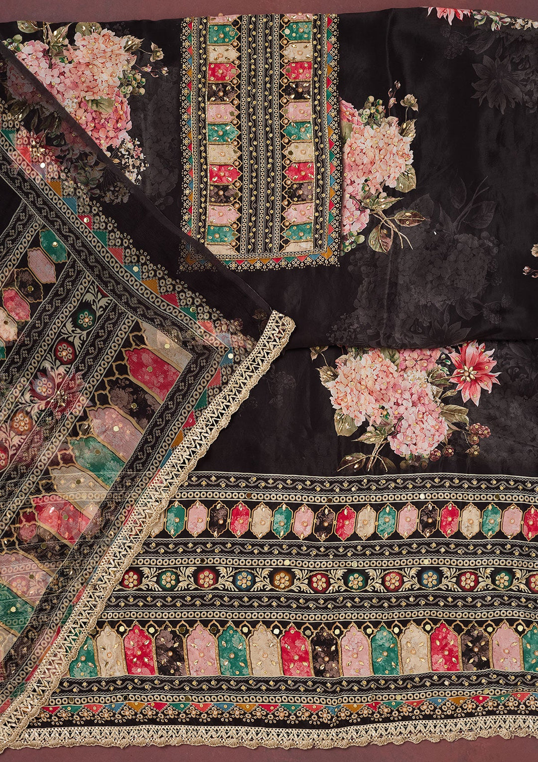 Black Cutdana Semi Crepe Unstitched Salwar Suit-Koskii