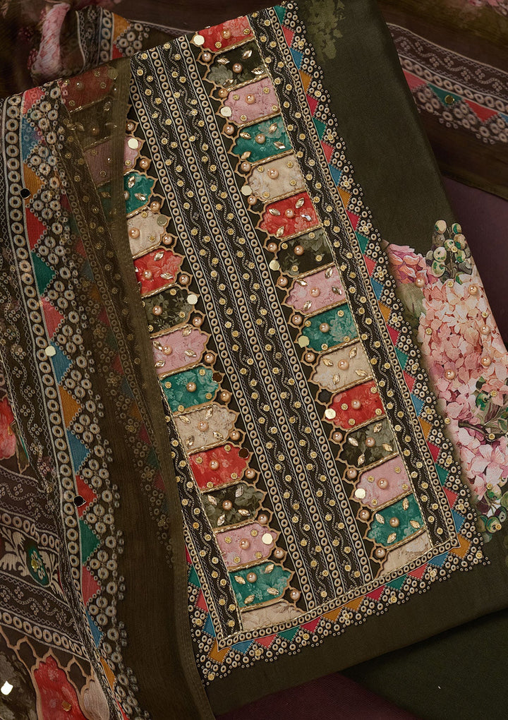 Mehendi Cutdana Semi Crepe Unstitched Salwar Suit-Koskii