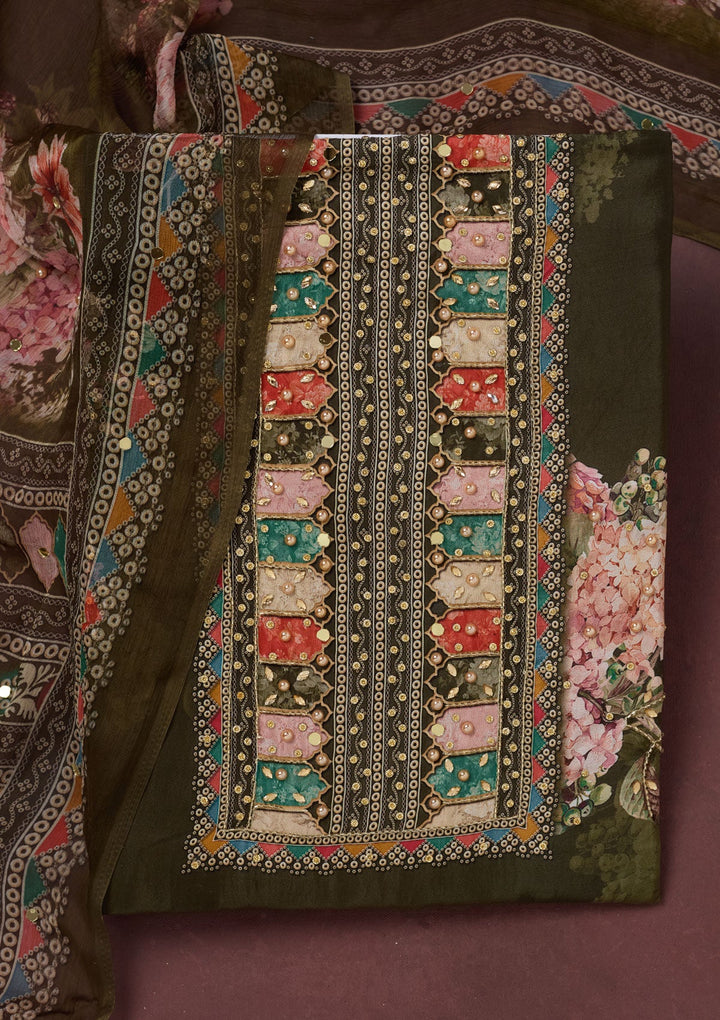 Mehendi Cutdana Semi Crepe Unstitched Salwar Suit-Koskii