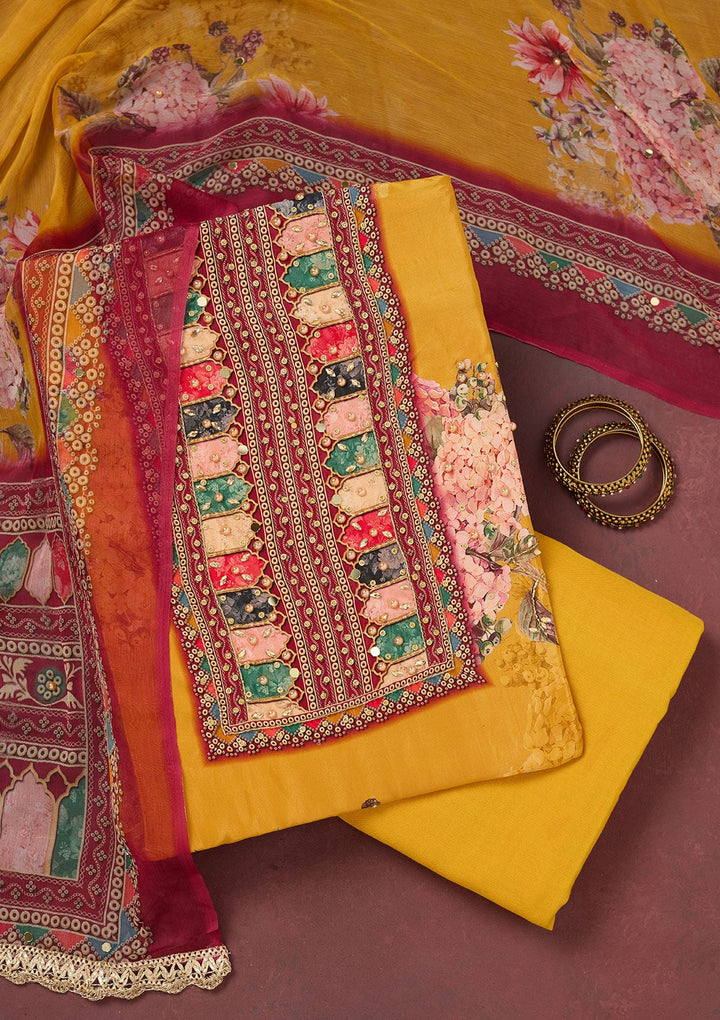 Mustard Cutdana Semi Crepe Unstitched Salwar Suit-Koskii