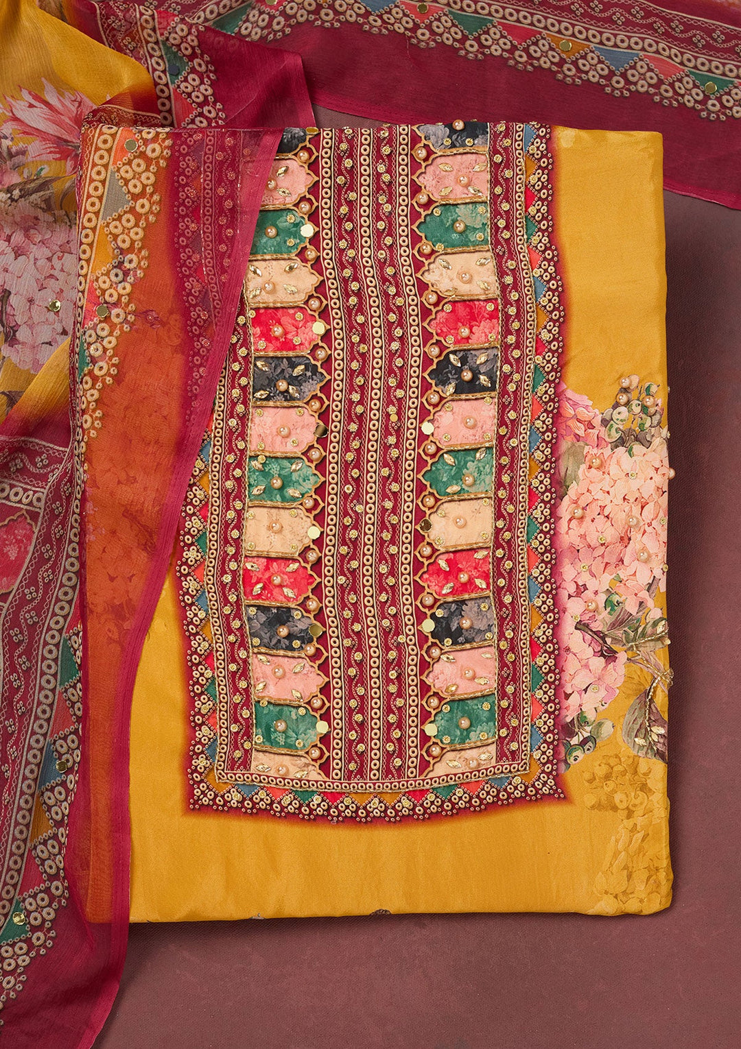 Mustard Cutdana Semi Crepe Unstitched Salwar Suit-Koskii
