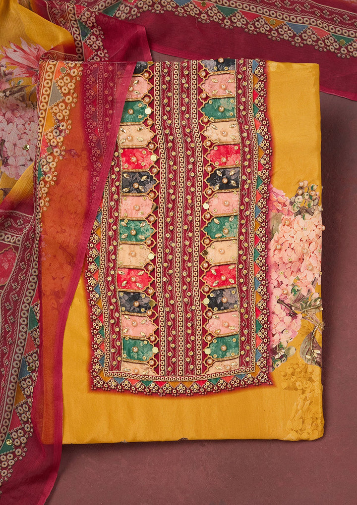 Mustard Cutdana Semi Crepe Unstitched Salwar Suit-Koskii