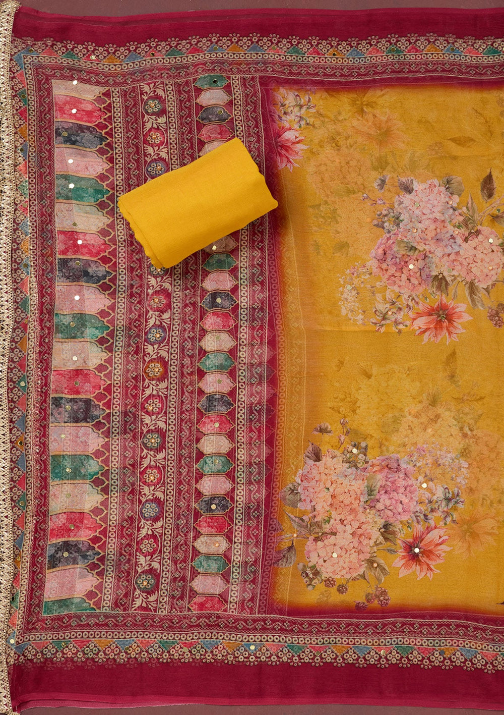 Mustard Cutdana Semi Crepe Unstitched Salwar Suit-Koskii