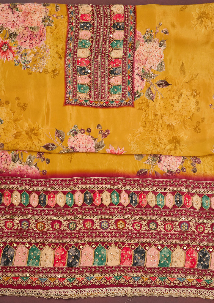 Mustard Cutdana Semi Crepe Unstitched Salwar Suit-Koskii
