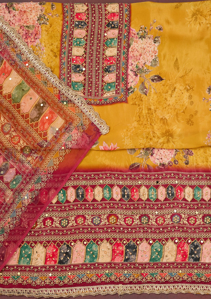 Mustard Cutdana Semi Crepe Unstitched Salwar Suit-Koskii