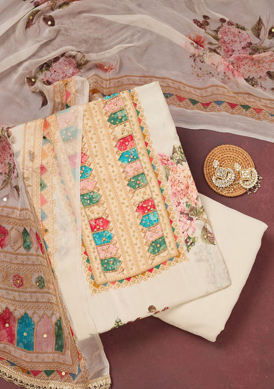 Off White Cutdana Semi Crepe Unstitched Salwar Suit-Koskii