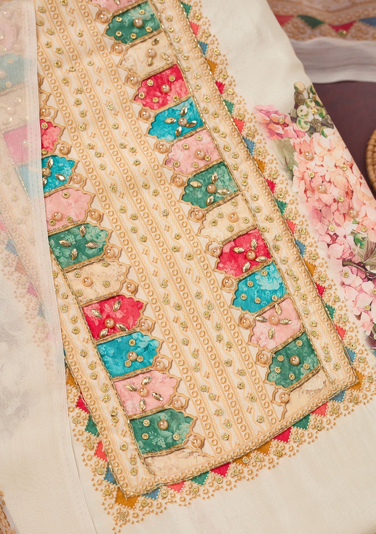 Off White Cutdana Semi Crepe Unstitched Salwar Suit-Koskii