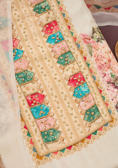 Off White Cutdana Semi Crepe Unstitched Salwar Suit-Koskii