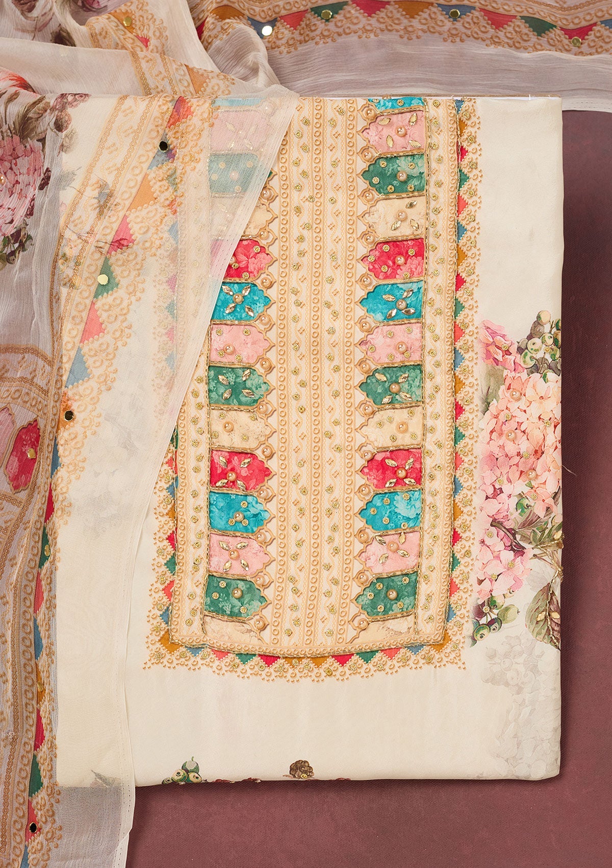 Off White Cutdana Semi Crepe Unstitched Salwar Suit-Koskii