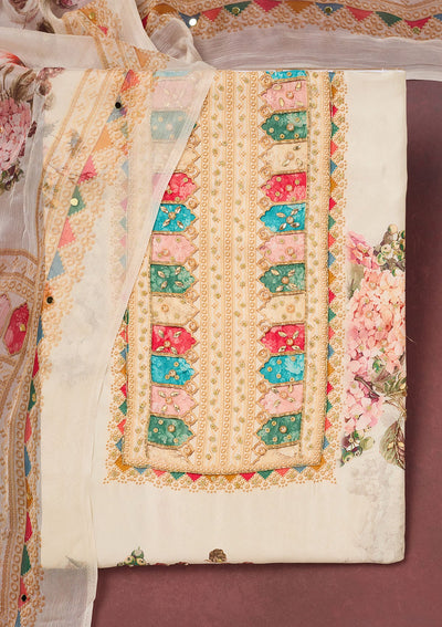 Off White Cutdana Semi Crepe Unstitched Salwar Suit-Koskii