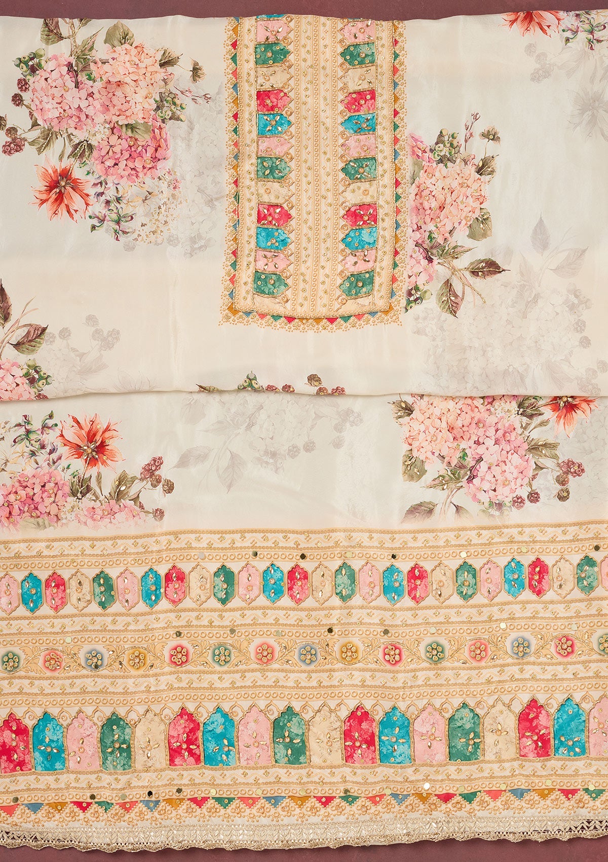 Off White Cutdana Semi Crepe Unstitched Salwar Suit-Koskii