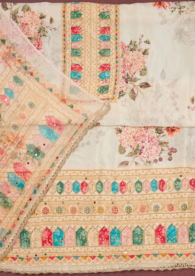 Off White Cutdana Semi Crepe Unstitched Salwar Suit-Koskii