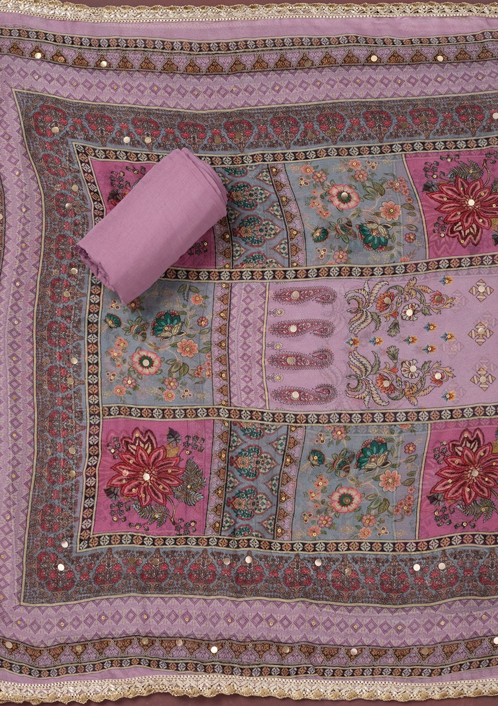 Lavender Cutdana Semi Crepe Unstitched Salwar Suit-Koskii