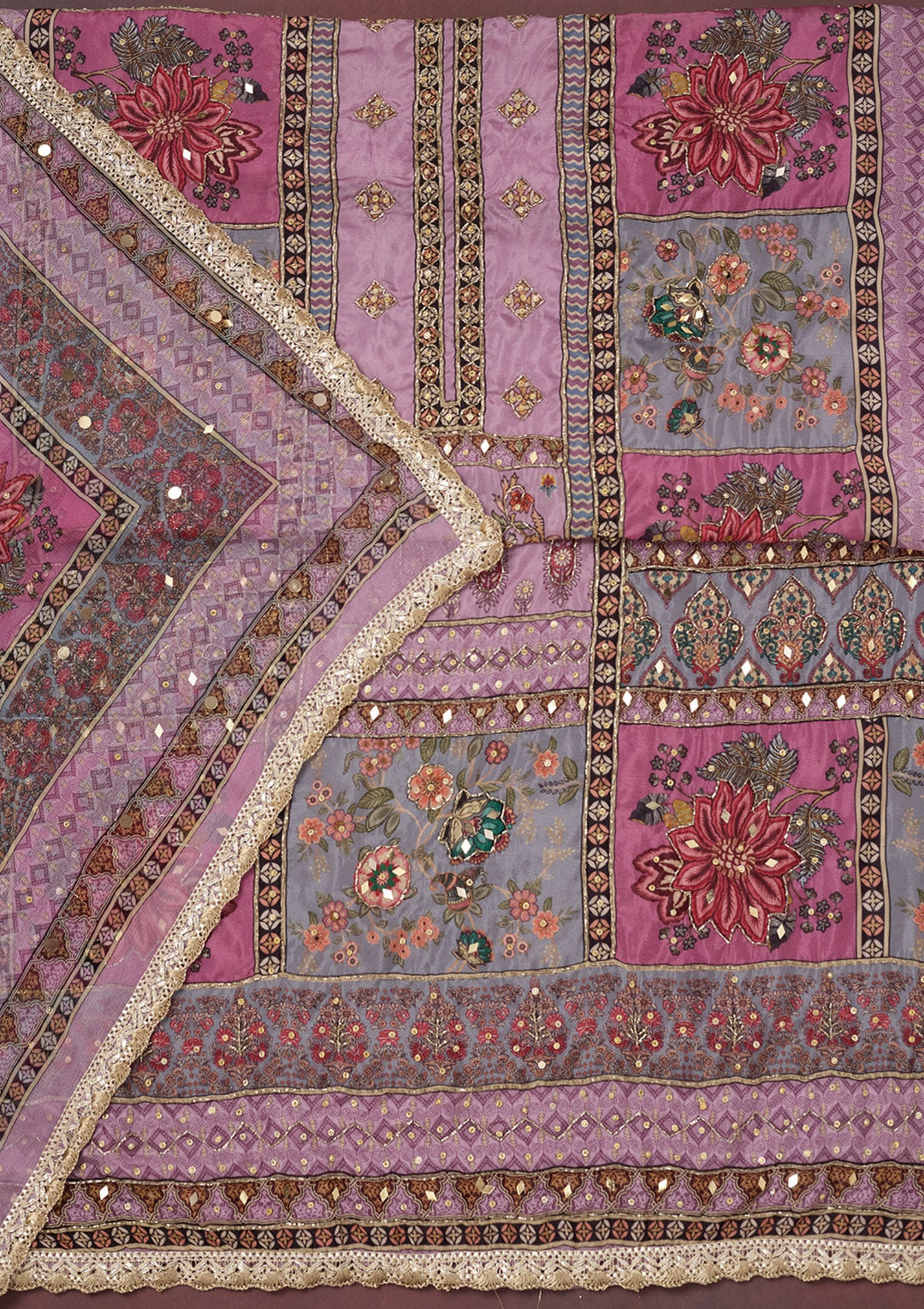 Lavender Cutdana Semi Crepe Unstitched Salwar Suit-Koskii
