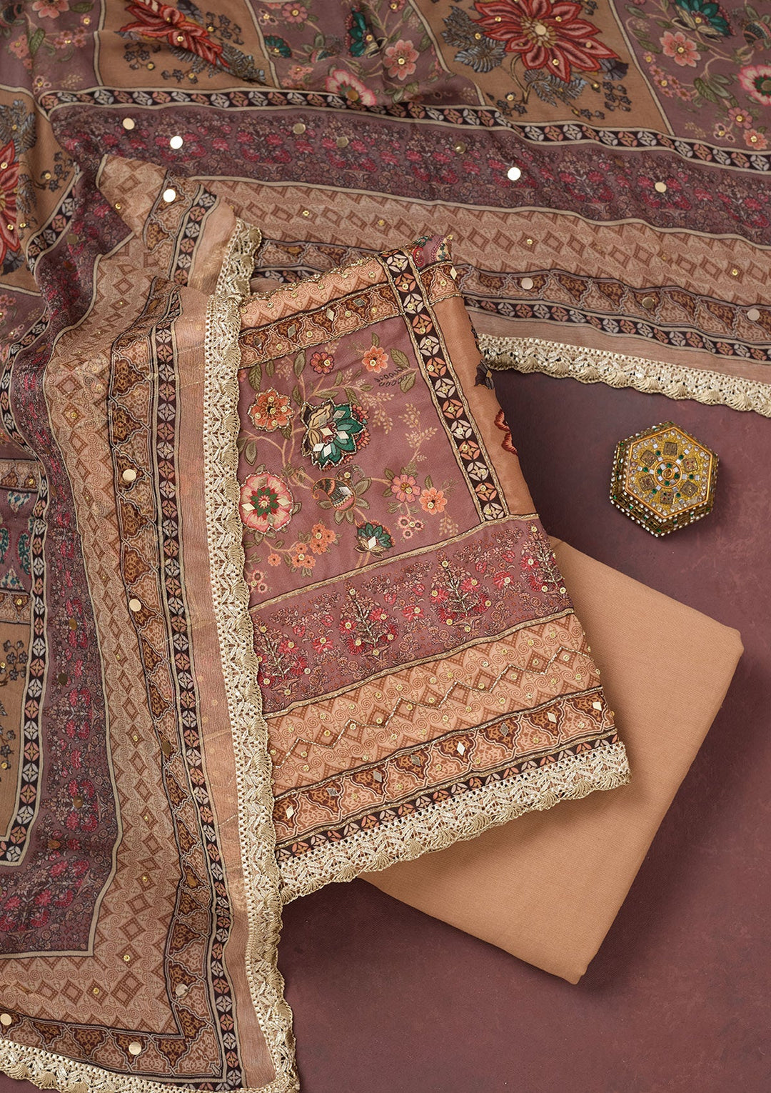 Light Brown Cutdana Semi Crepe Unstitched Salwar Suit-Koskii