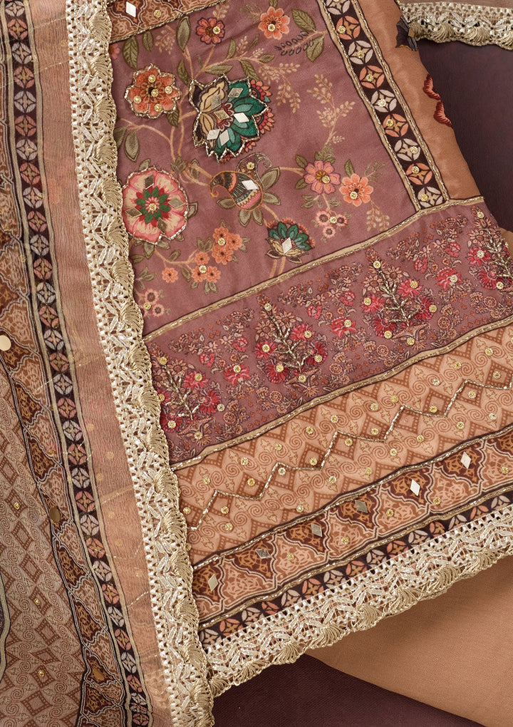 Light Brown Cutdana Semi Crepe Unstitched Salwar Suit-Koskii