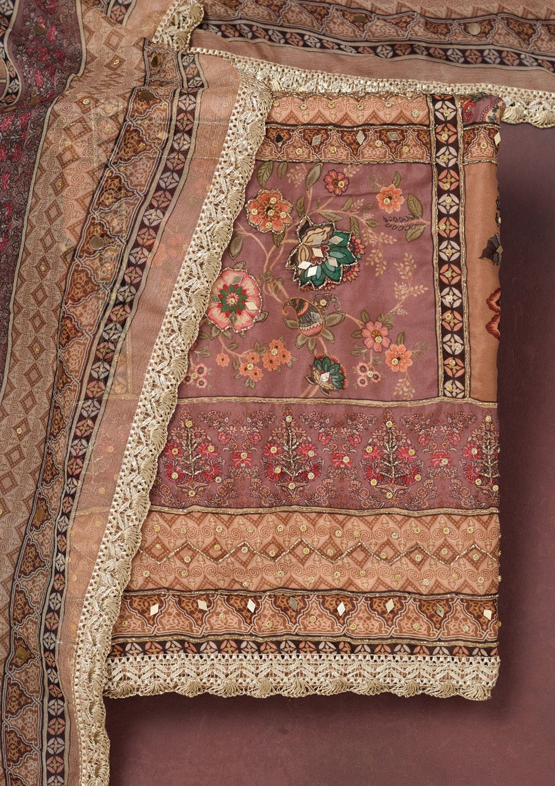 Light Brown Cutdana Semi Crepe Unstitched Salwar Suit-Koskii