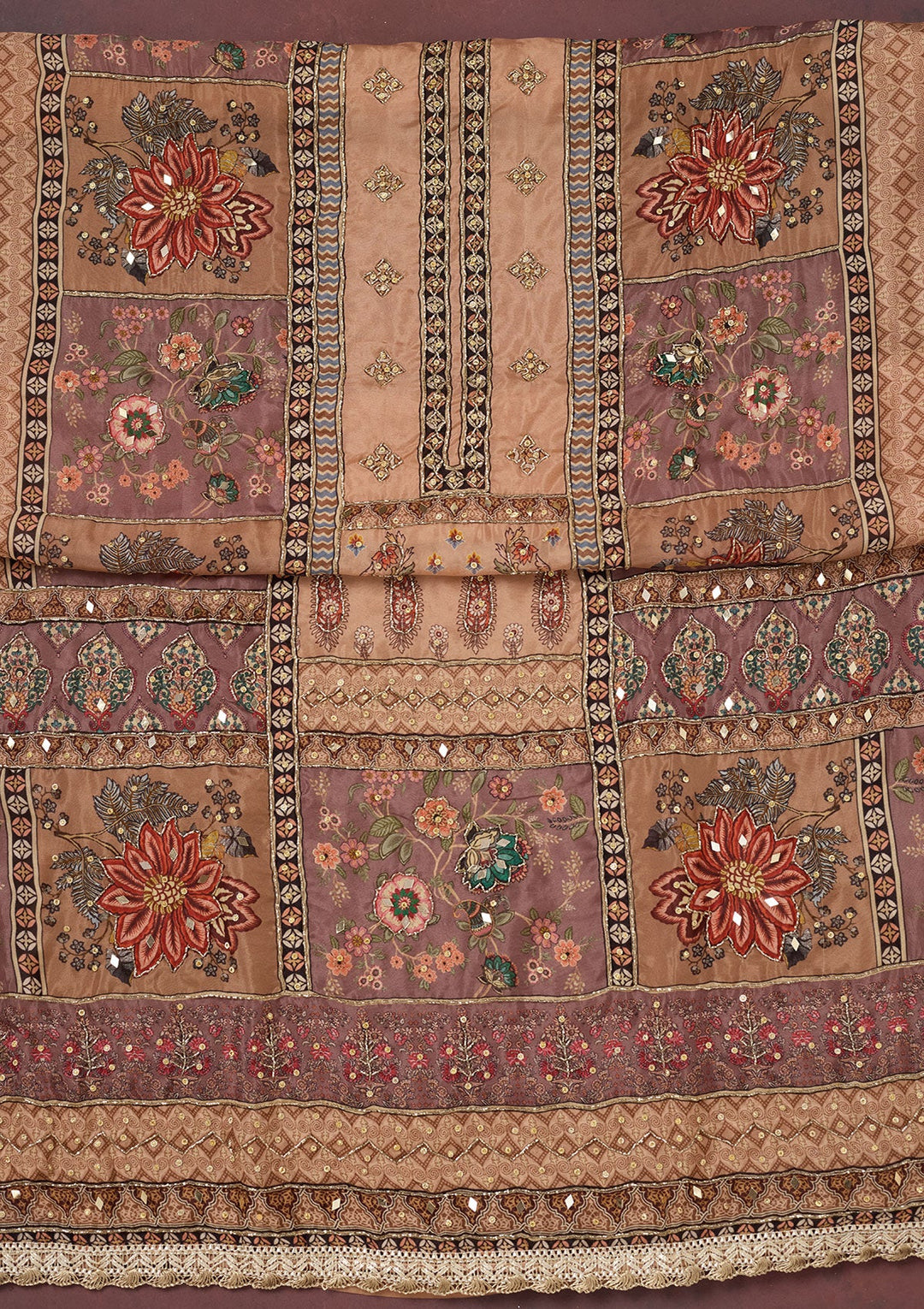 Light Brown Cutdana Semi Crepe Unstitched Salwar Suit-Koskii