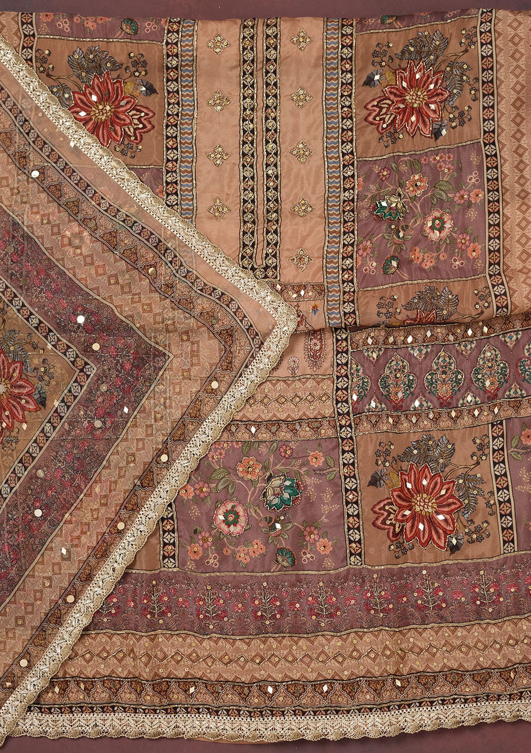 Light Brown Cutdana Semi Crepe Unstitched Salwar Suit-Koskii