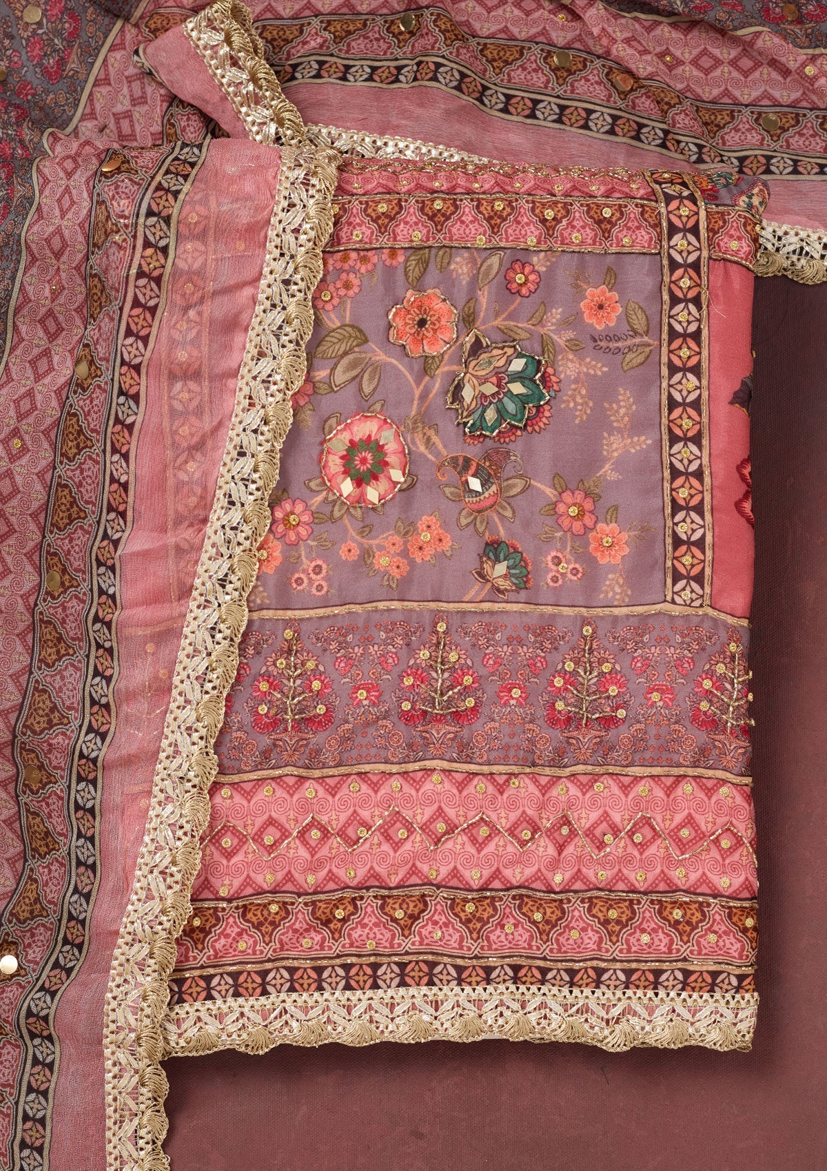 Onion Pink Cutdana Semi Crepe Unstitched Salwar Suit-Koskii