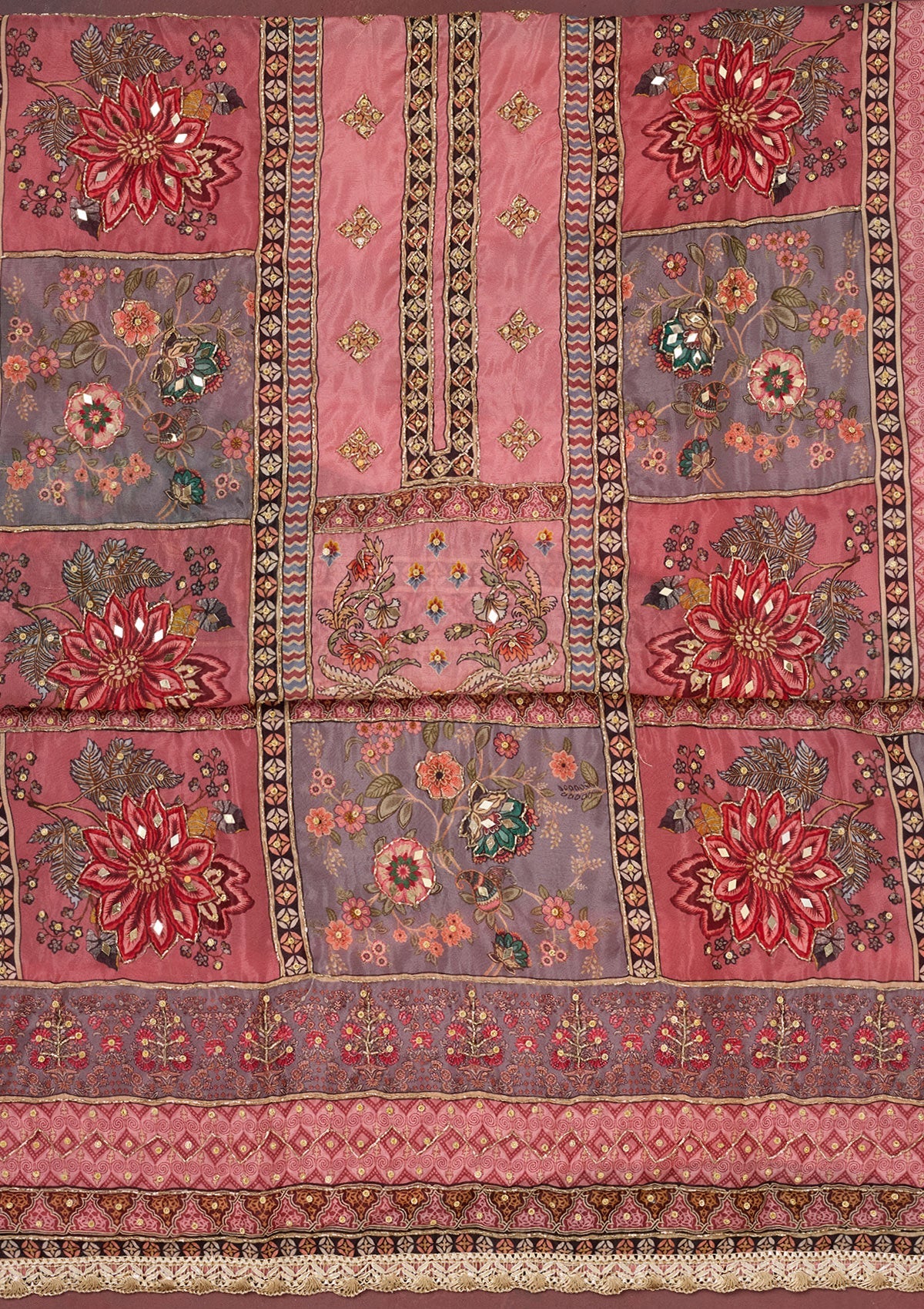 Onion Pink Cutdana Semi Crepe Unstitched Salwar Suit-Koskii