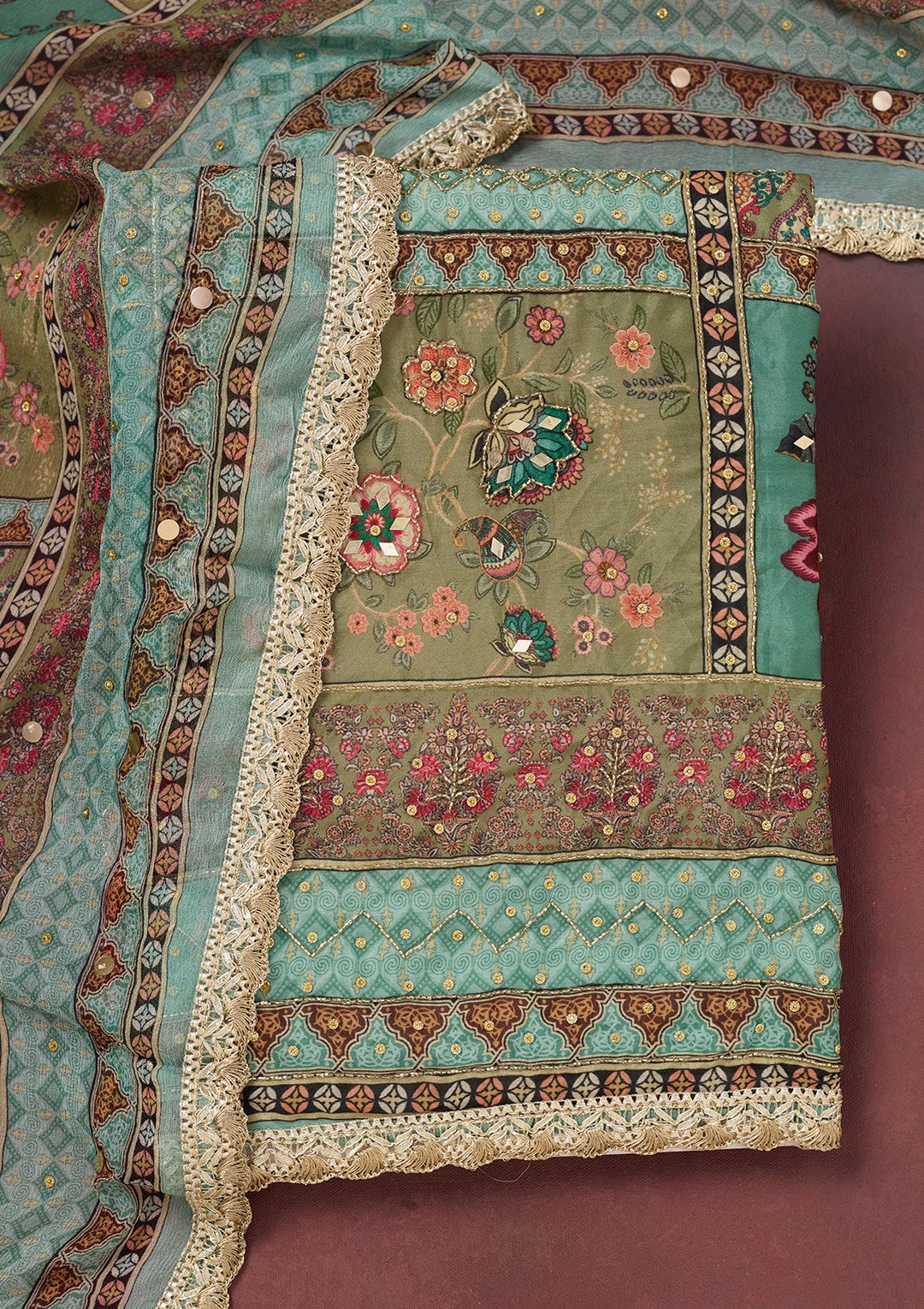 Sea Green Cutdana Semi Crepe Unstitched Salwar Suit-Koskii