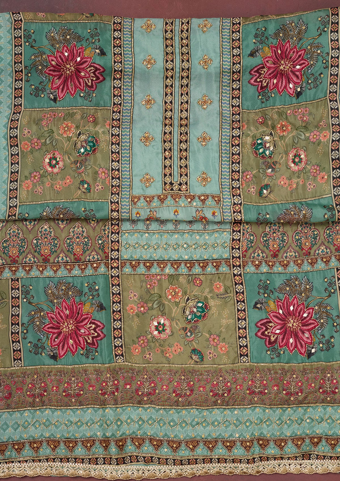 Sea Green Cutdana Semi Crepe Unstitched Salwar Suit-Koskii