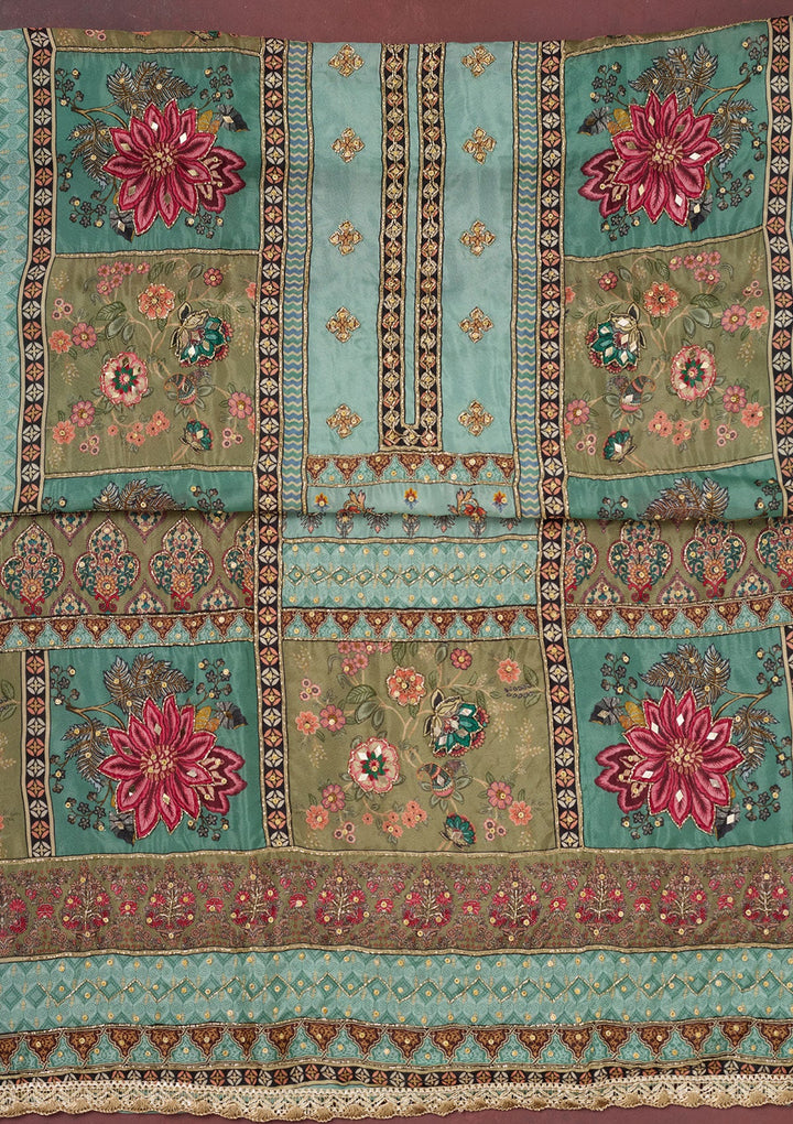 Sea Green Cutdana Semi Crepe Unstitched Salwar Suit-Koskii