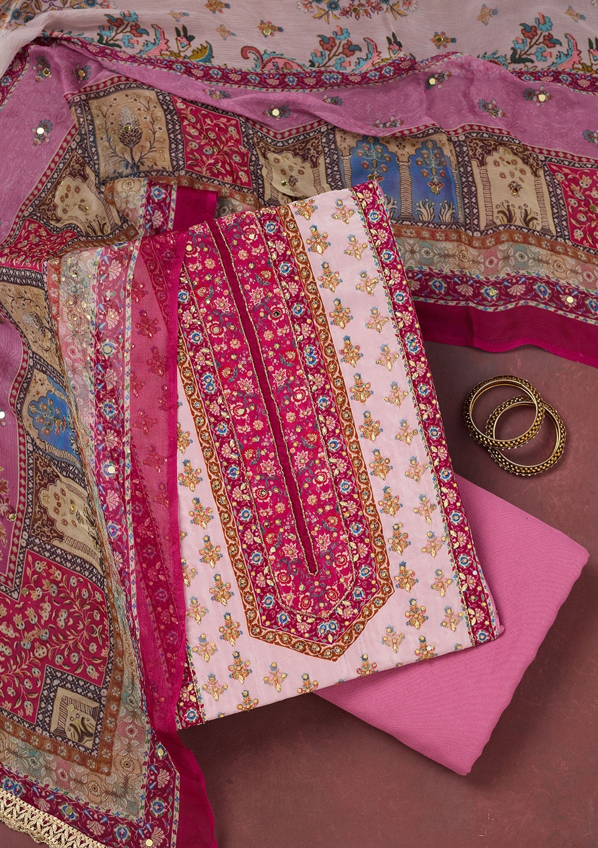 Onion Pink Cutdana Semi Crepe Unstitched Salwar Suit-Koskii