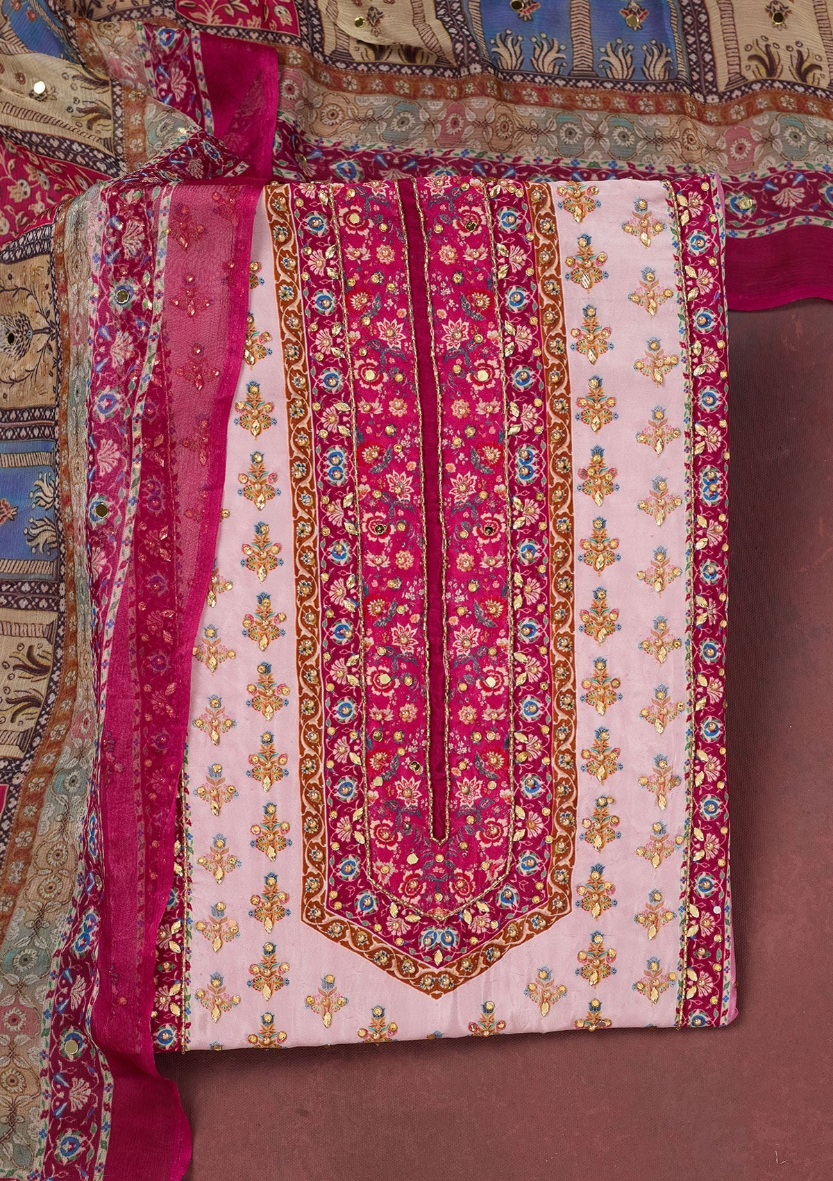 Onion Pink Cutdana Semi Crepe Unstitched Salwar Suit-Koskii