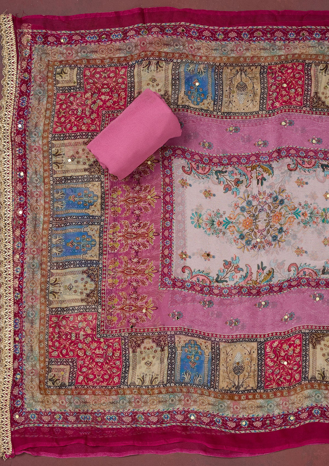 Onion Pink Cutdana Semi Crepe Unstitched Salwar Suit-Koskii