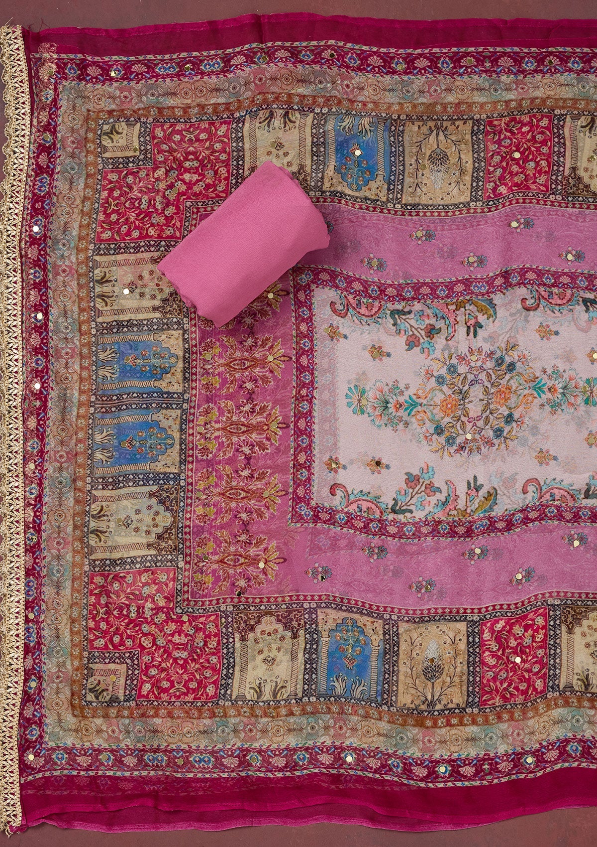 Onion Pink Cutdana Semi Crepe Unstitched Salwar Suit-Koskii