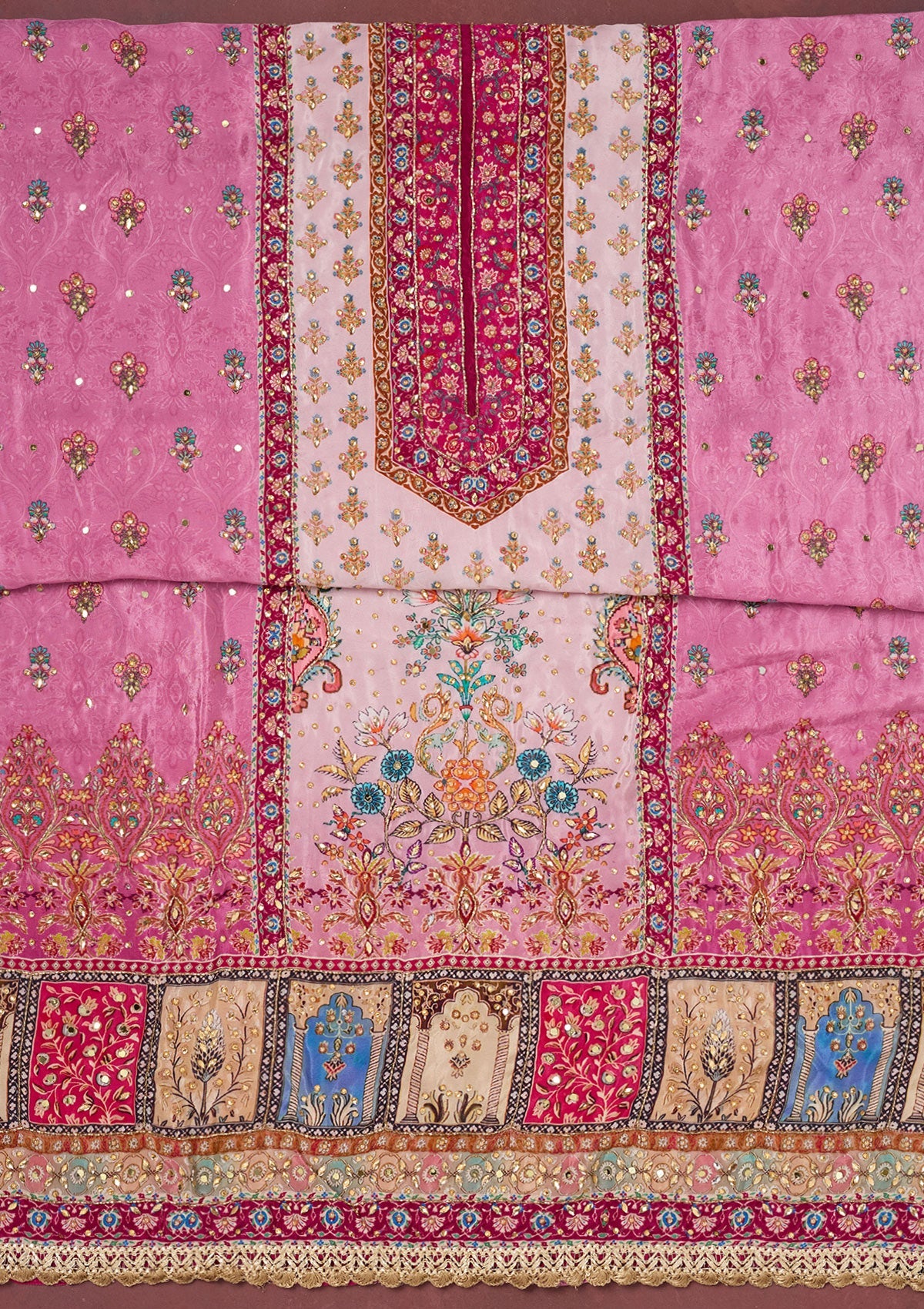 Onion Pink Cutdana Semi Crepe Unstitched Salwar Suit-Koskii