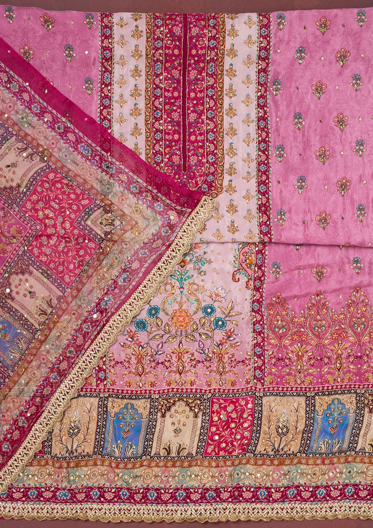 Onion Pink Cutdana Semi Crepe Unstitched Salwar Suit-Koskii