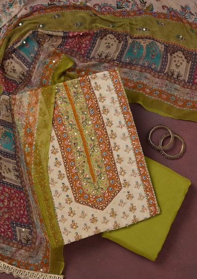 Parrot Green Cutdana Semi Crepe Unstitched Salwar Suit-Koskii