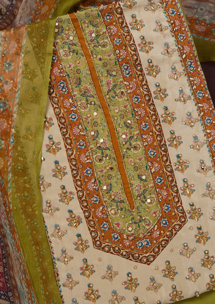 Parrot Green Cutdana Semi Crepe Unstitched Salwar Suit-Koskii