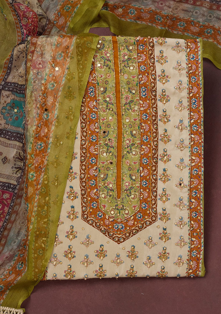 Parrot Green Cutdana Semi Crepe Unstitched Salwar Suit-Koskii