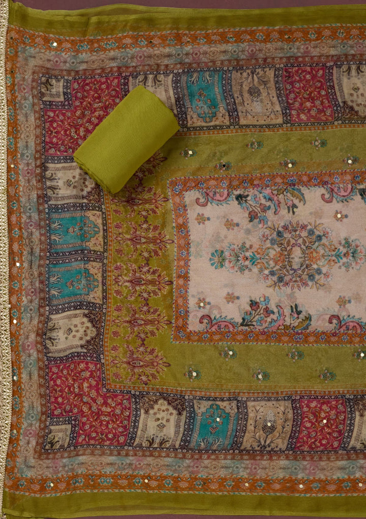 Parrot Green Cutdana Semi Crepe Unstitched Salwar Suit-Koskii