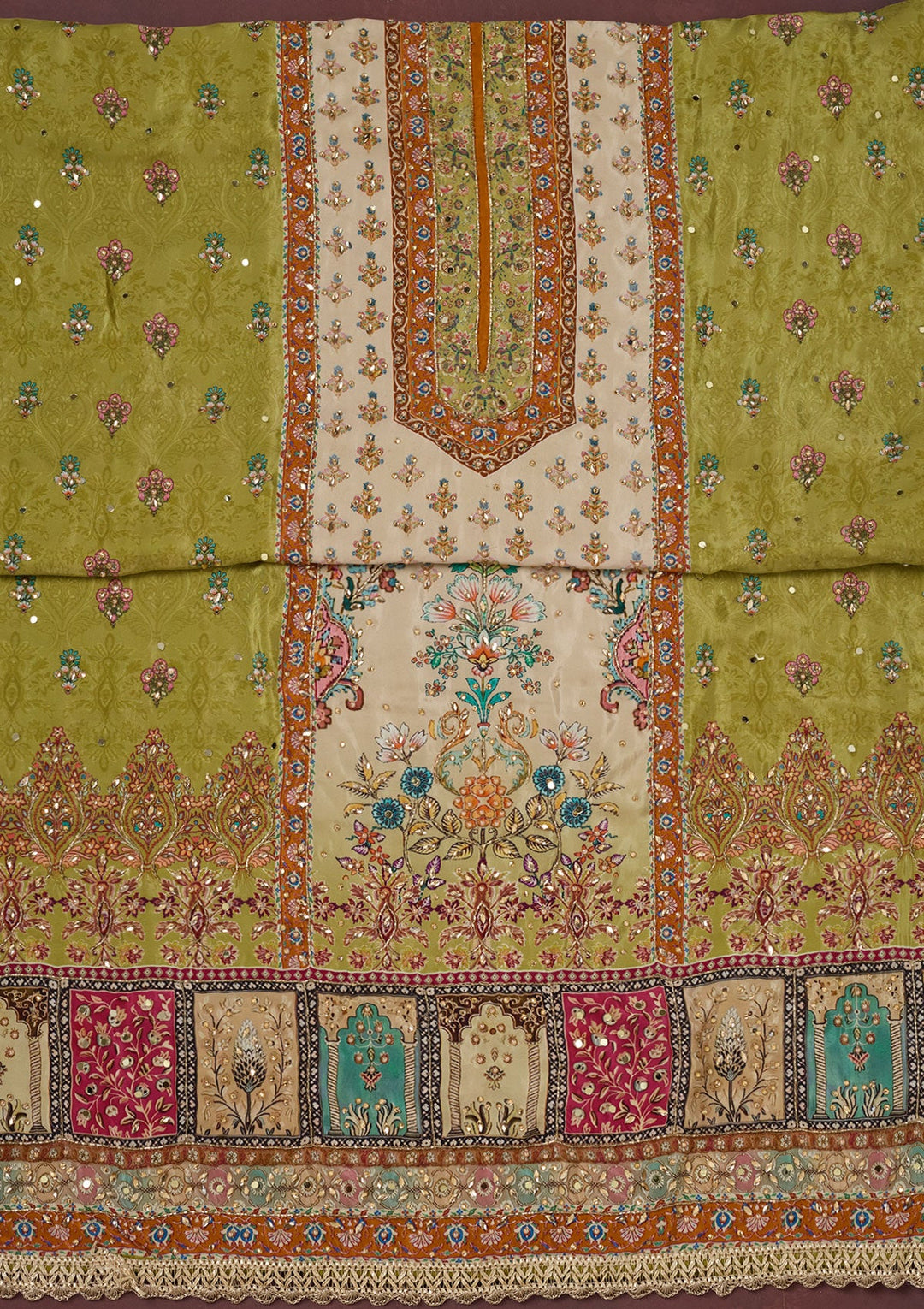 Parrot Green Cutdana Semi Crepe Unstitched Salwar Suit-Koskii