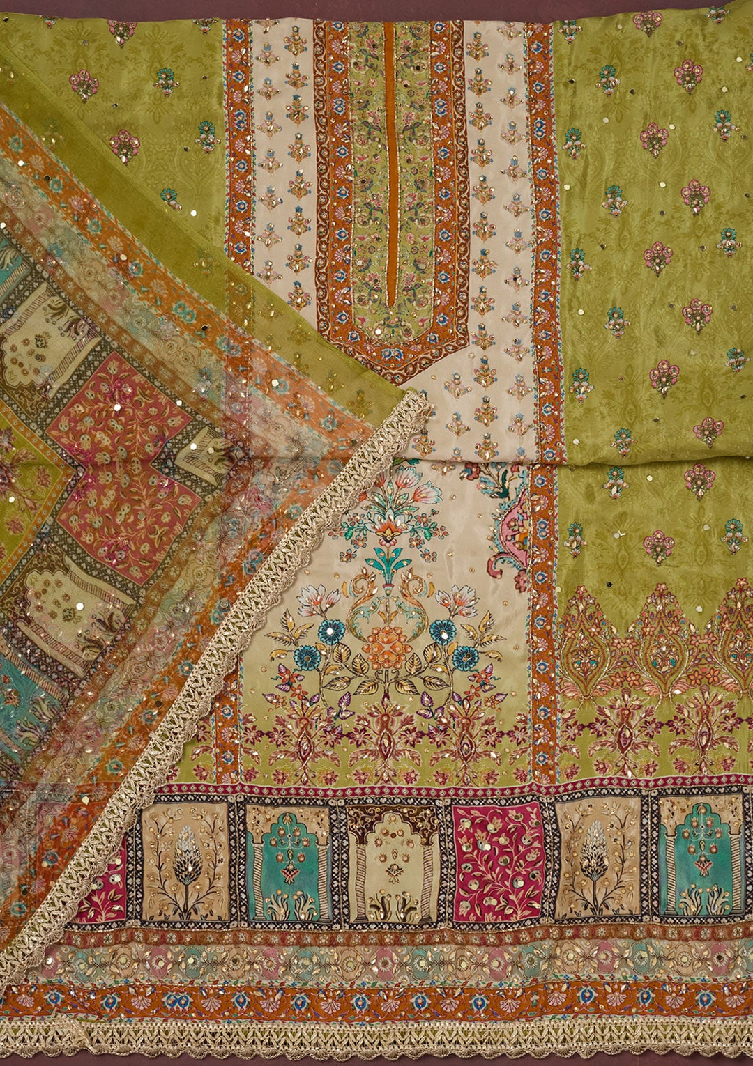 Parrot Green Cutdana Semi Crepe Unstitched Salwar Suit-Koskii