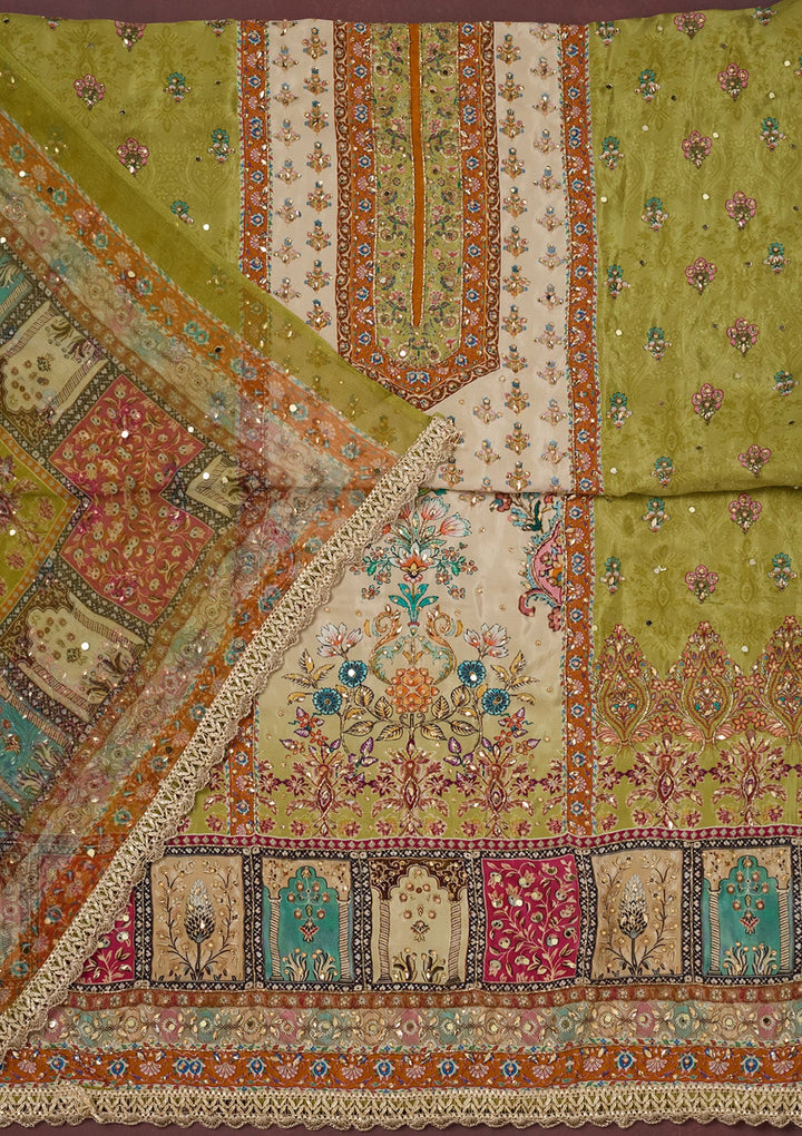 Parrot Green Cutdana Semi Crepe Unstitched Salwar Suit-Koskii